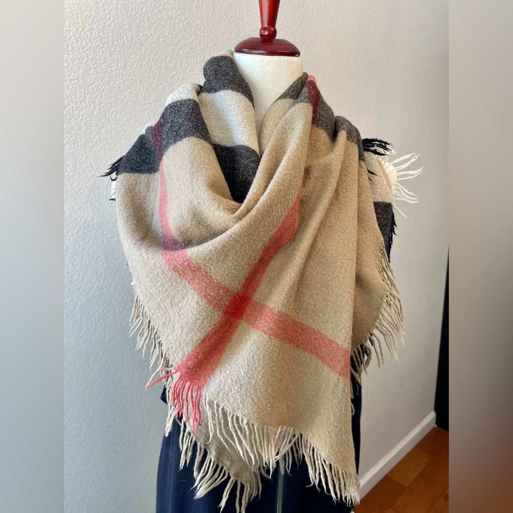 Burberry Beige Plaid Wool Fringe Scarf with Red and Black Accents